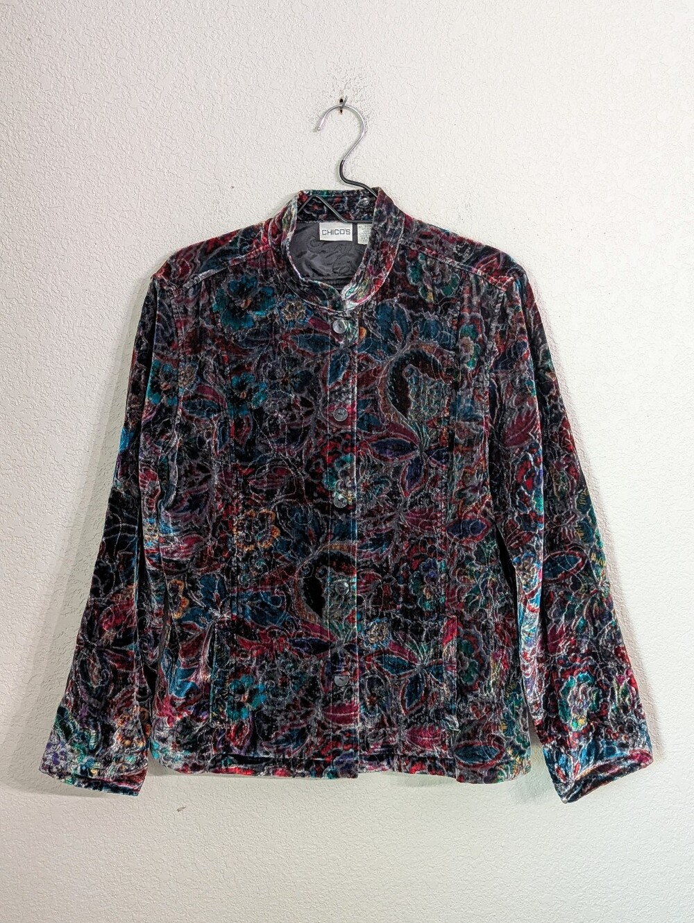 Chico's Silk Blend Floral Textured Velvet Button Jacket Sz L Obscure Whimsigot
